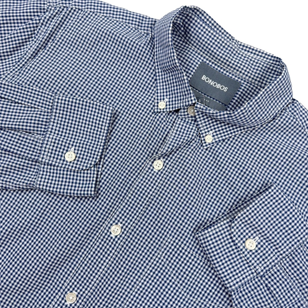 Bonobos Shirt Men Large Blue Slim Fit Button Up Dress Poplin Check Pocket Casual